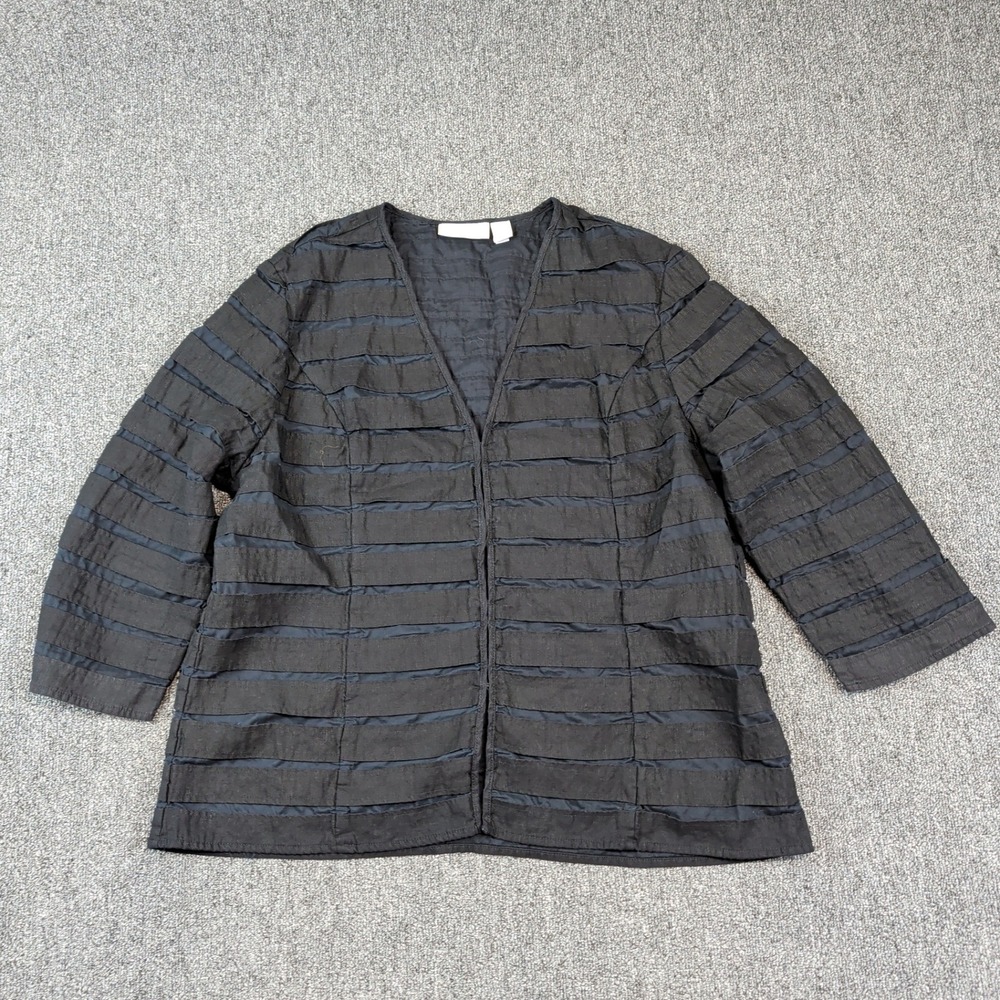 Chico's Lagenlook Tiered Ribbon Jacket Size 3 Black Cotton Linen Artsy Textured